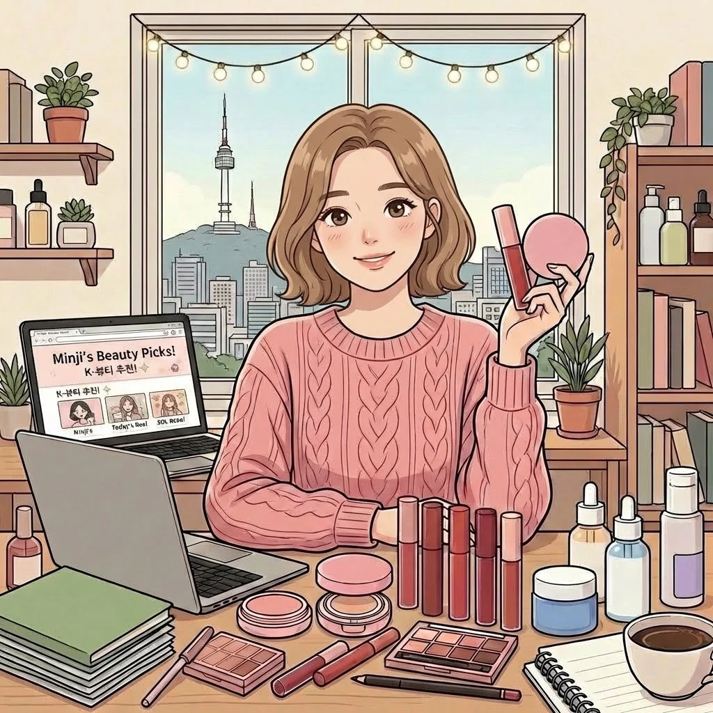 Minji at her Seoul desk with K-beauty products and N Seoul Tower view