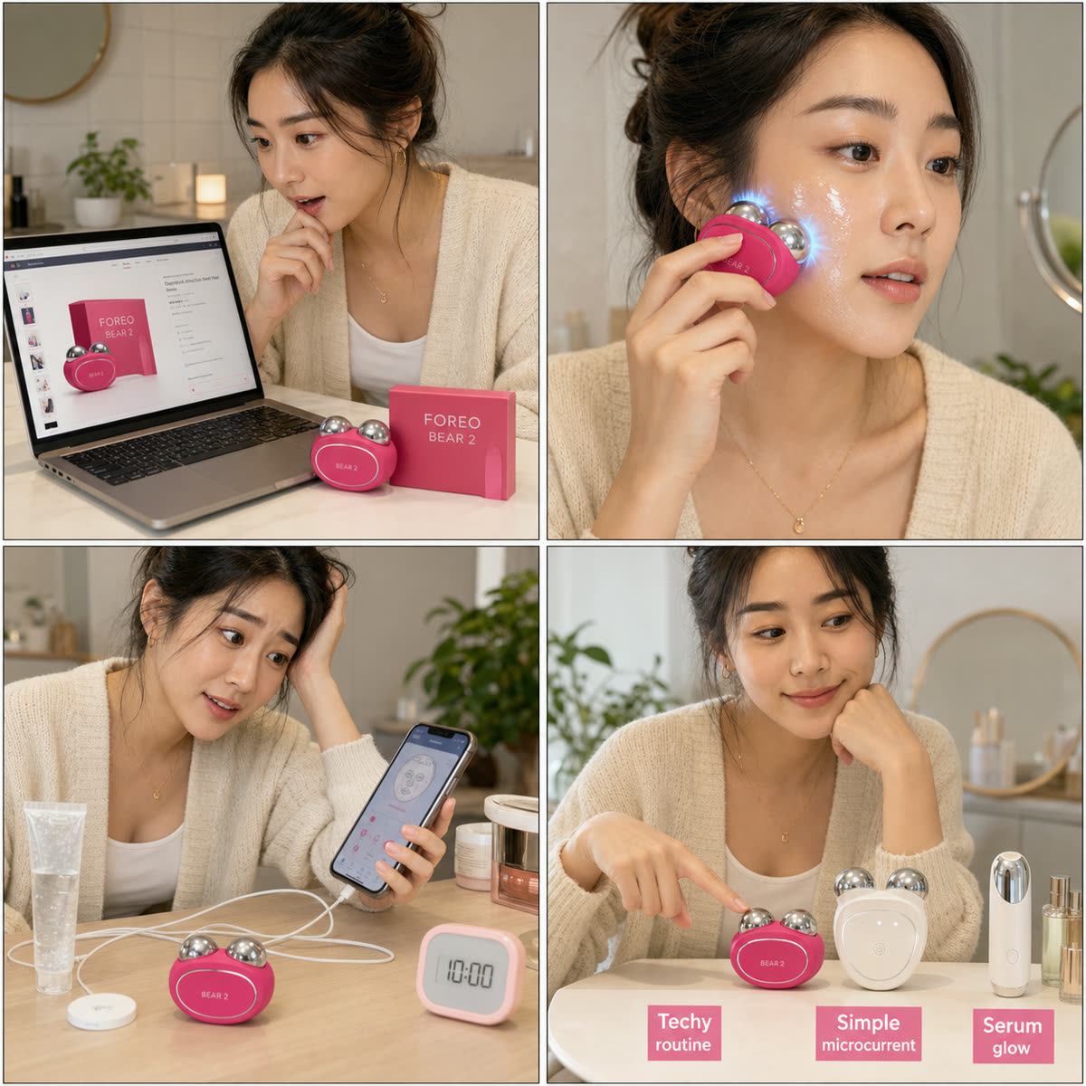 FOREO BEAR 2 review comic showing Minji comparing a techy microcurrent routine, simple microcurrent, and serum glow device choices