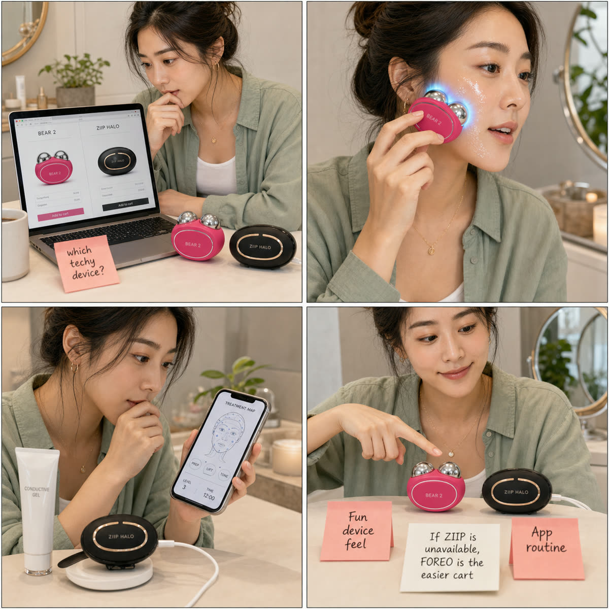 FOREO BEAR 2 vs ZIIP Halo comic showing Minji comparing fun device feel, app routine, conductive gel, and Amazon availability