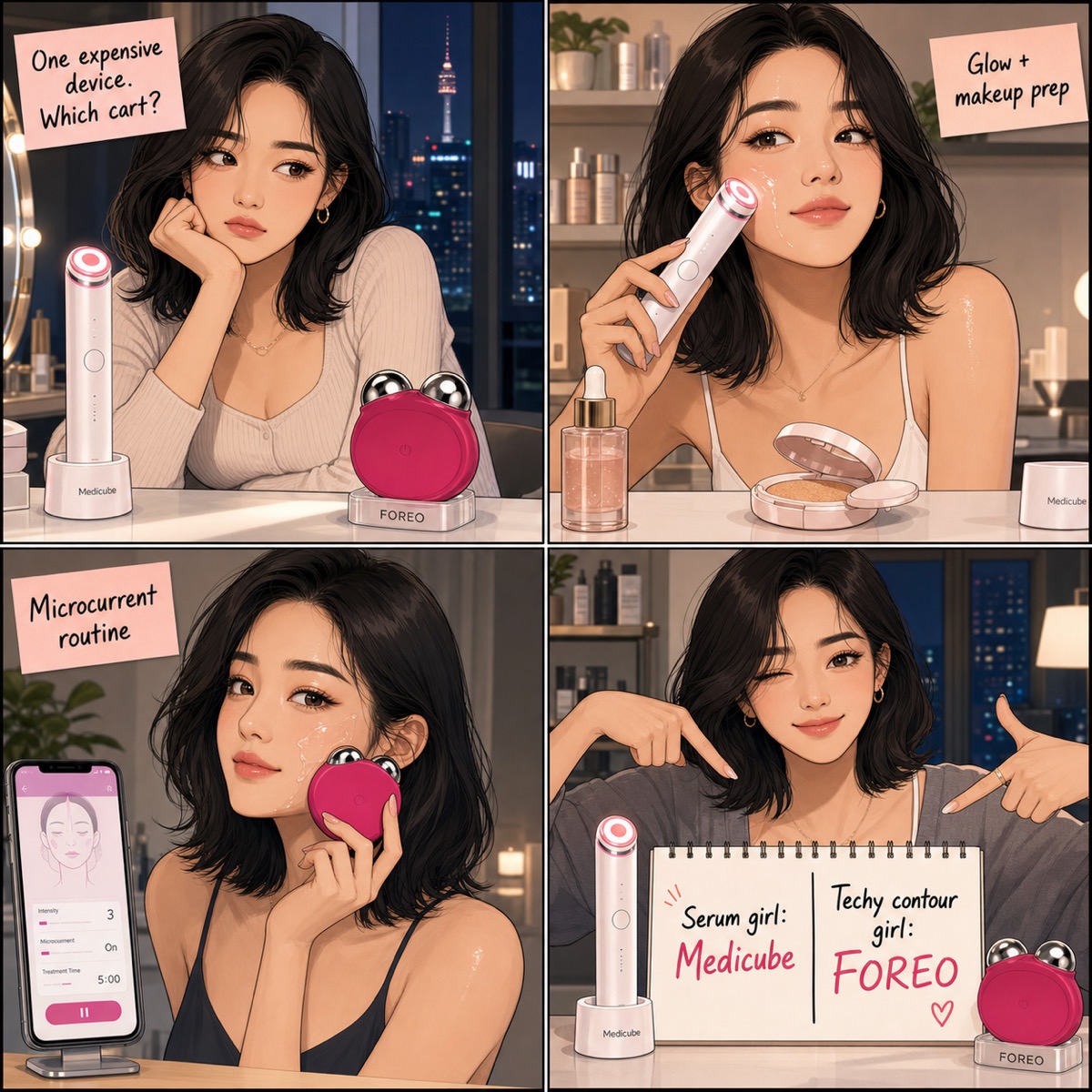 Medicube Booster Pro vs FOREO BEAR 2 comic by Minji showing serum glow, makeup prep, microcurrent routine, and which device to buy