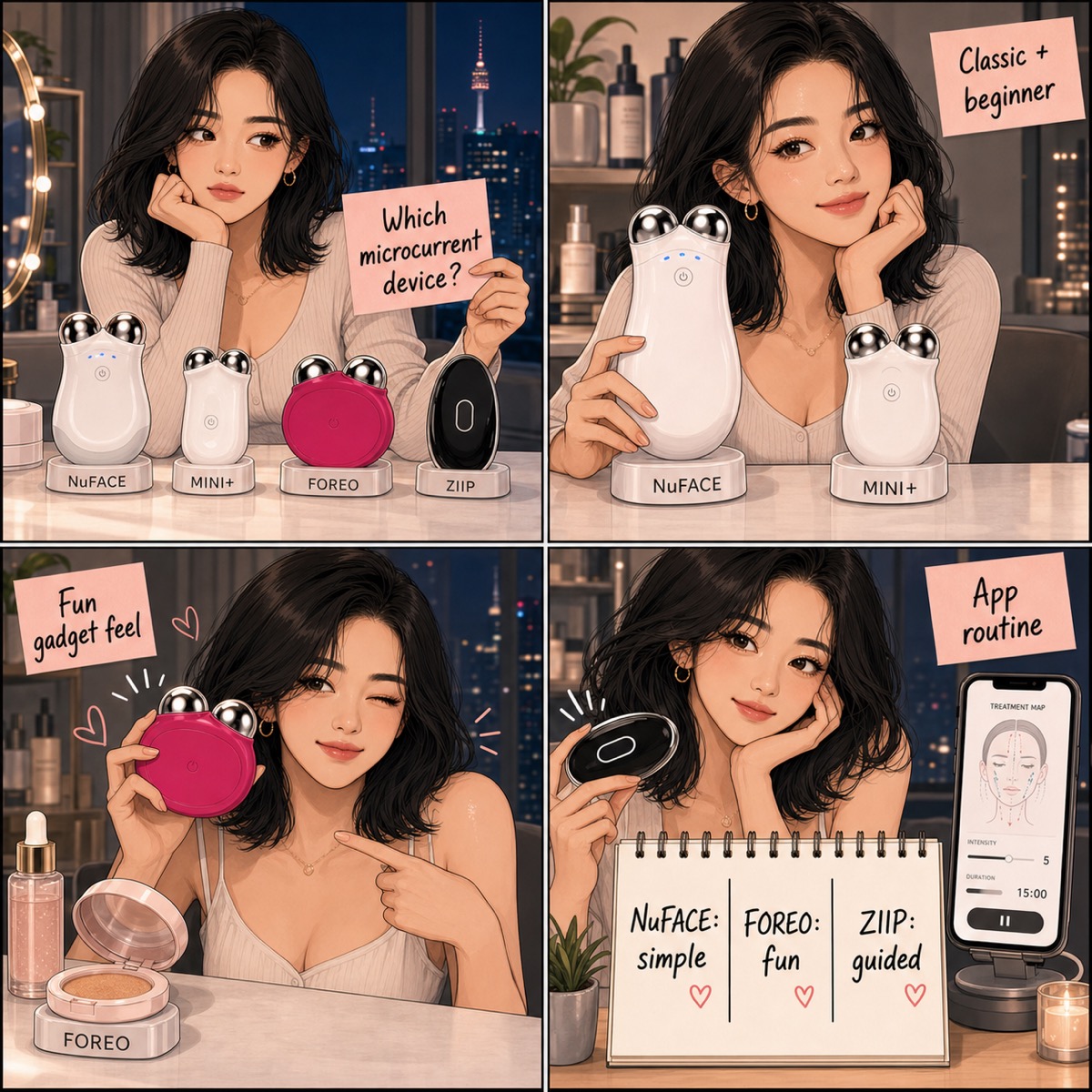 Best microcurrent device 2026 comic by Minji showing NuFACE, MINI Plus, FOREO BEAR 2, and ZIIP Halo with simple, fun, and guided buying choices