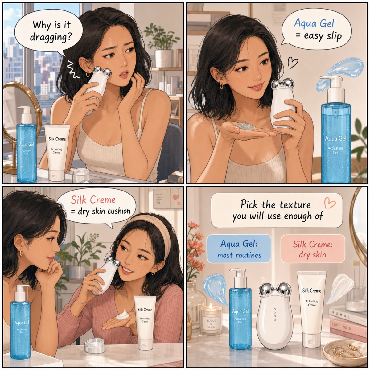 NuFACE Aqua Gel vs Silk Creme comic by Minji showing Aqua Gel for easy slip, Silk Creme for dry skin cushion, and using enough activator