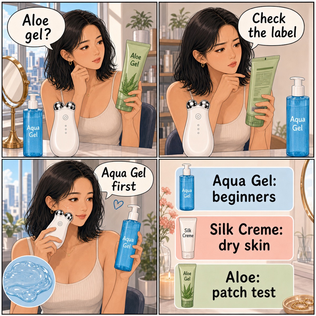 Can you use aloe vera gel with NuFACE comic by Minji showing Aloe Gel, Aqua Gel first, Silk Creme for dry skin, and patch testing substitutes