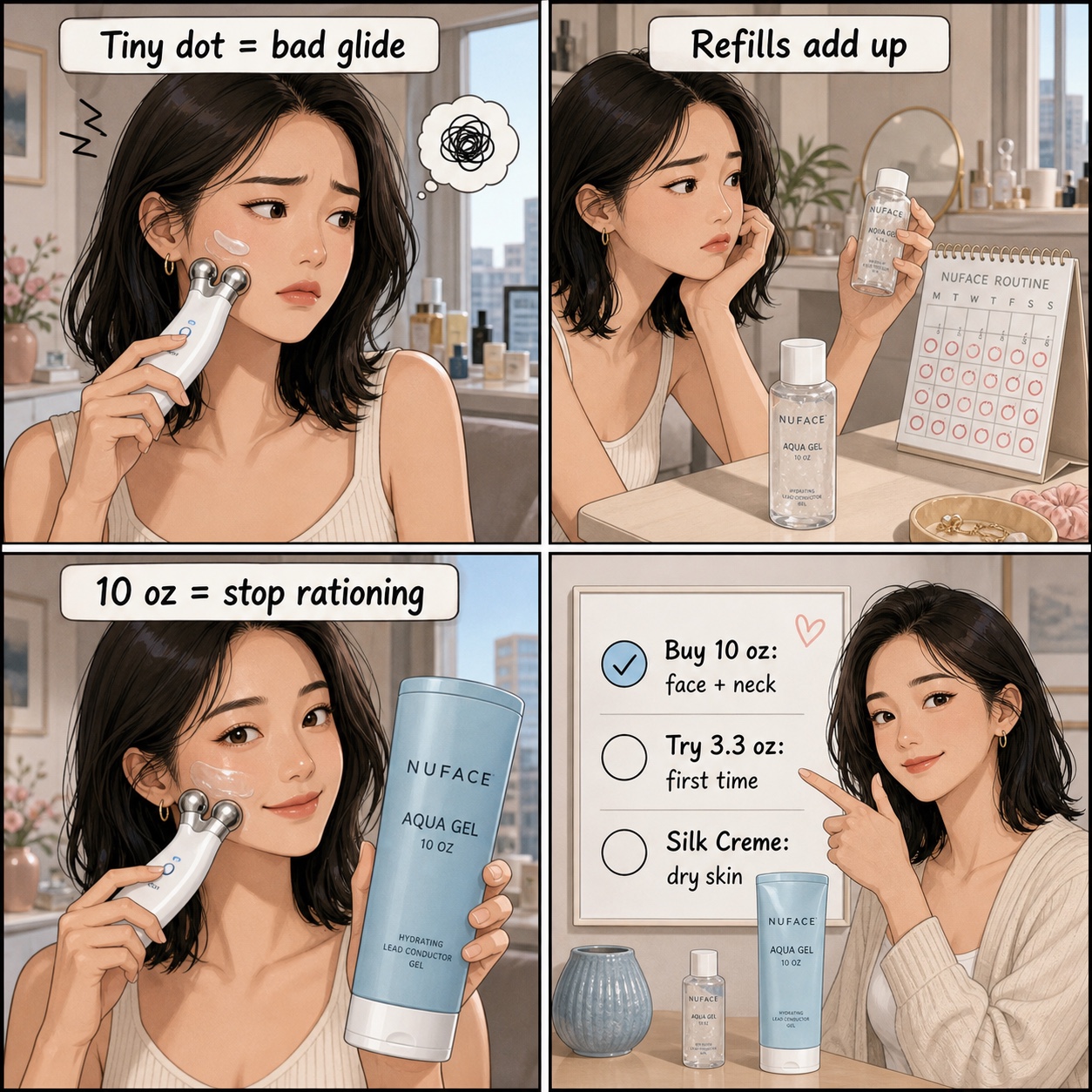 NuFACE Aqua Gel 10 oz worth it comic by Minji showing tiny gel use, refill stress, and when to buy the big bottle