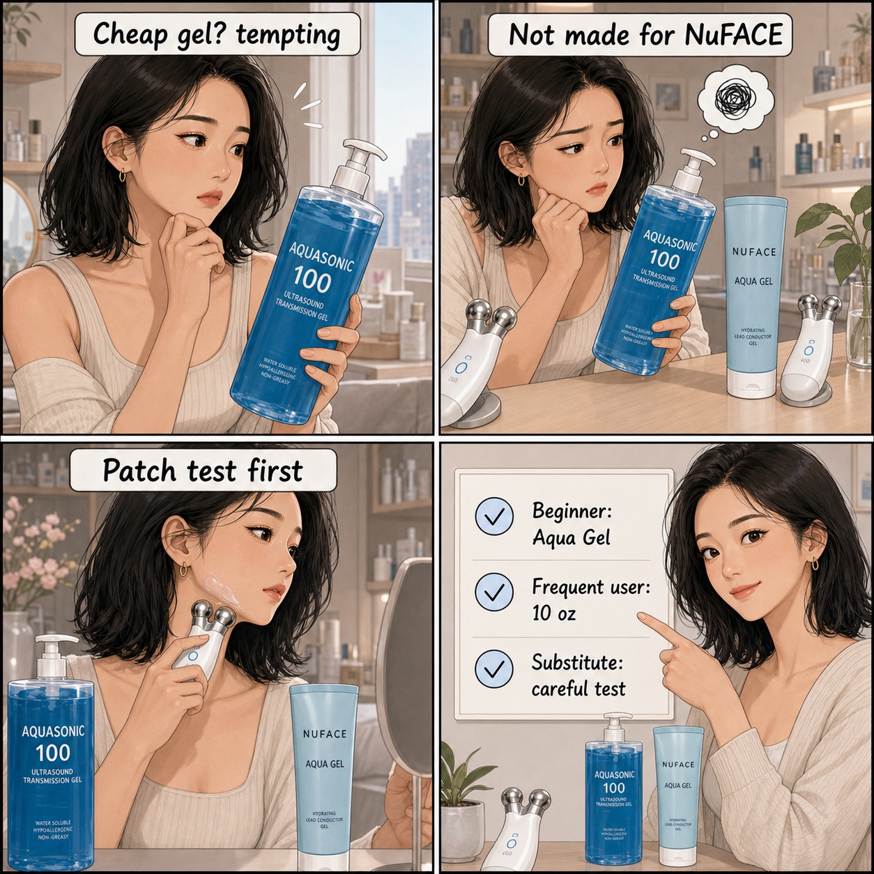 Can you use ultrasound gel with NuFACE comic by Minji showing Aquasonic 100, NuFACE Aqua Gel, patch testing, and a simple buying decision