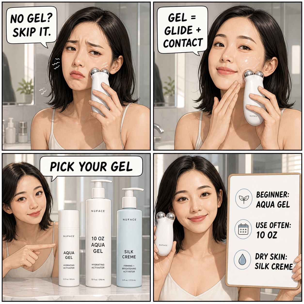 Can you use NuFACE without gel comic by Minji showing why gel matters and which NuFACE activator to buy