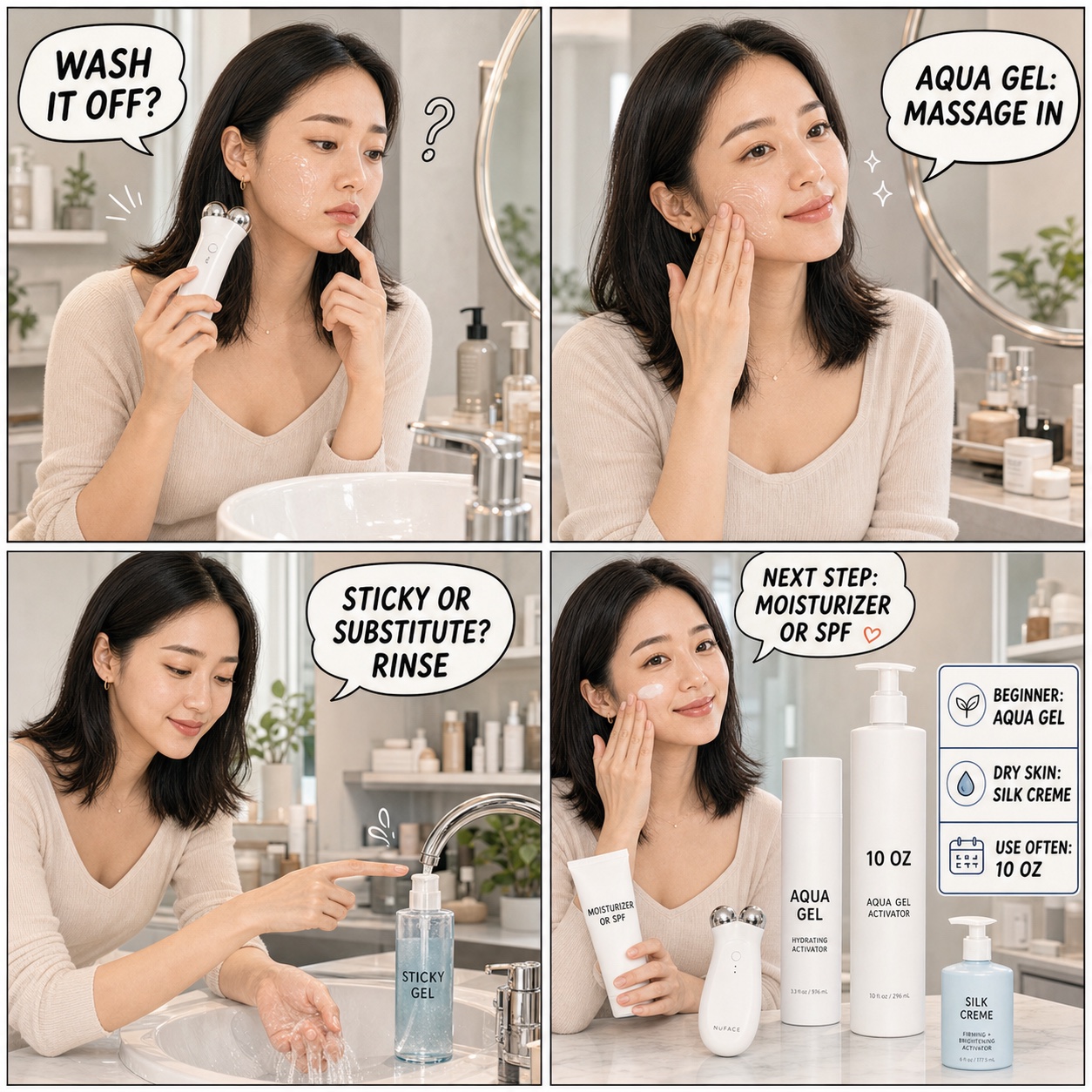 Do you wash off NuFACE gel comic by Minji showing when to massage Aqua Gel in and when to rinse sticky substitute gel