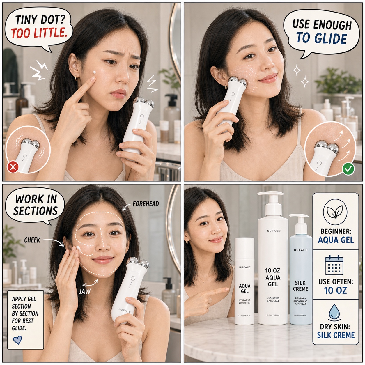 How much NuFACE gel should you use comic by Minji showing tiny dot is too little, section application, Aqua Gel, 10 oz, and Silk Creme