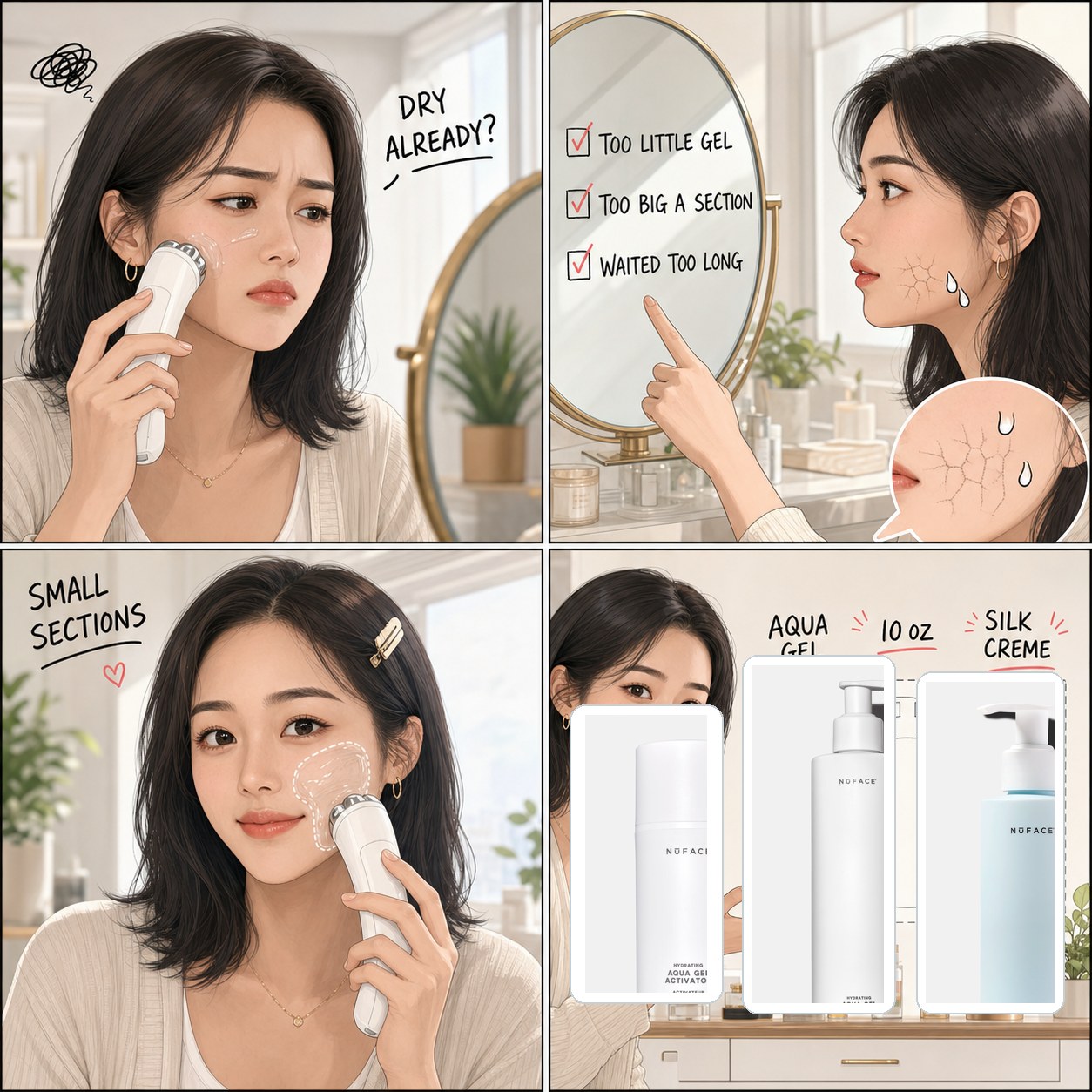 Why does NuFACE gel dry so fast comic by Minji showing too little gel, big sections, small sections, Aqua Gel, 10 oz, and Silk Creme
