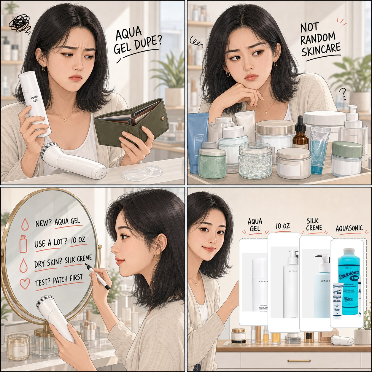 NuFACE Aqua Gel dupe comic by Minji showing Aqua Gel, 10 oz, Silk Creme, Aquasonic, and not using random skincare