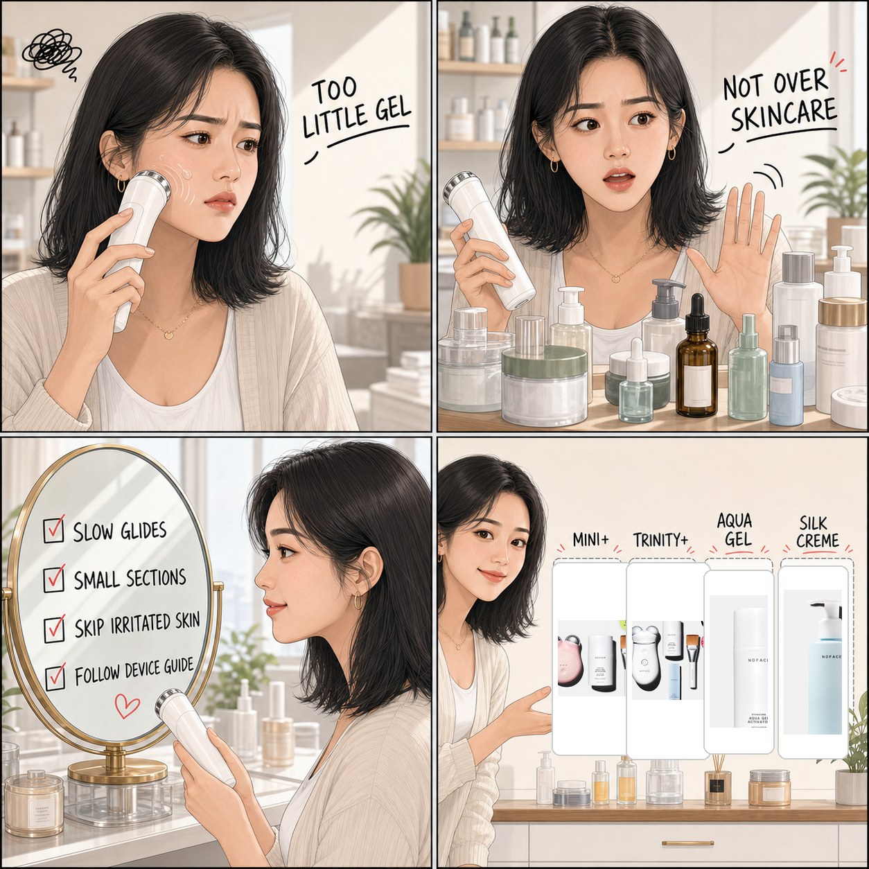 NuFACE mistakes beginners make comic by Minji showing too little gel, not over skincare, slow glides, small sections, MINI+, Trinity+, Aqua Gel, and Silk Creme