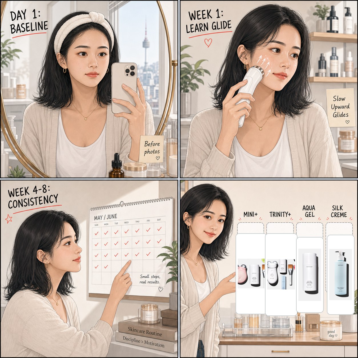 NuFACE before and after timeline comic by Minji showing Day 1 baseline, Week 1 learn glide, Week 4 to 8 consistency, MINI+, Trinity+, Aqua Gel, and Silk Creme