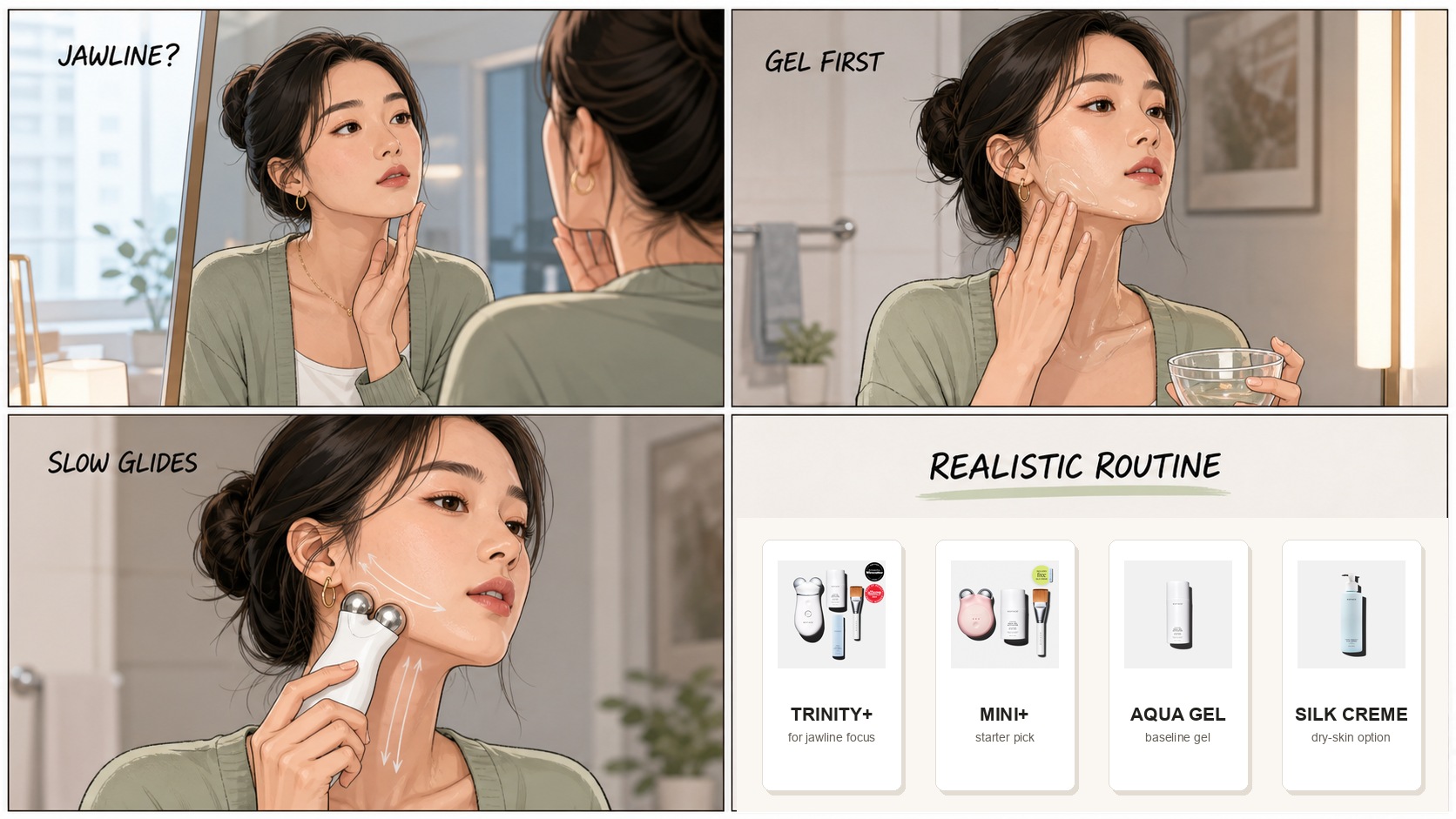 Does NuFACE help jawline comic showing Minji checking her jawline, applying gel, using slow glides, and comparing Trinity Plus, MINI Plus, Aqua Gel, and Silk Creme