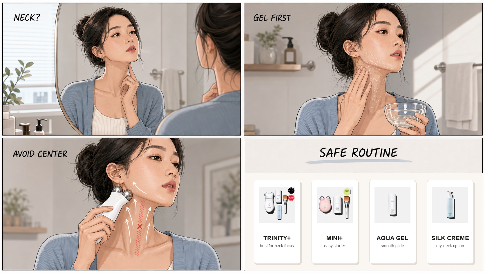 Can you use NuFACE on neck comic showing Minji applying gel, avoiding the center of the neck, and comparing Trinity Plus, MINI Plus, Aqua Gel, and Silk Creme