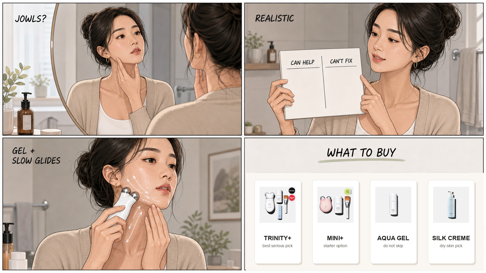 Does NuFACE help jowls comic showing Minji checking lower face, explaining realistic expectations, using gel and slow glides, and comparing Trinity Plus, MINI Plus, Aqua Gel, and Silk Creme