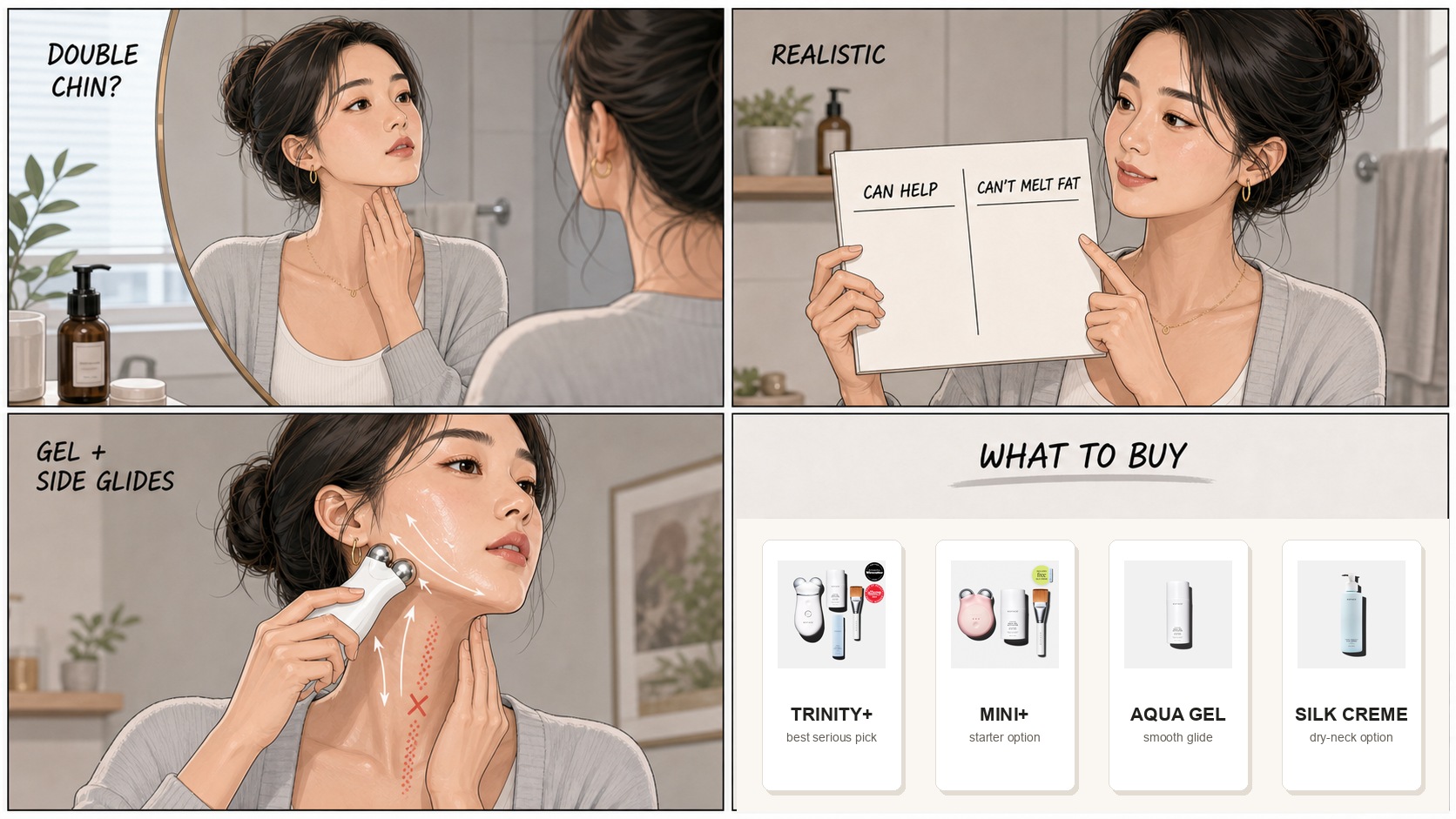 Does NuFACE help double chin comic showing Minji checking under chin, explaining NuFACE cannot melt fat, using gel and side glides, and comparing Trinity Plus, MINI Plus, Aqua Gel, and Silk Creme