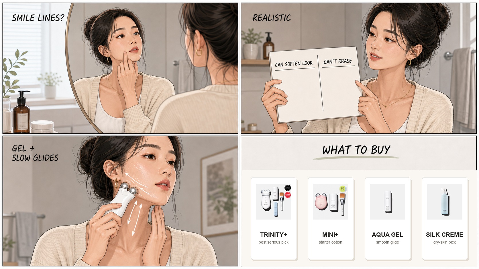 Does NuFACE help nasolabial folds comic showing Minji checking smile lines, explaining NuFACE can soften the look but cannot erase lines, using gel and slow glides, and comparing Trinity Plus, MINI Plus, Aqua Gel, and Silk Creme