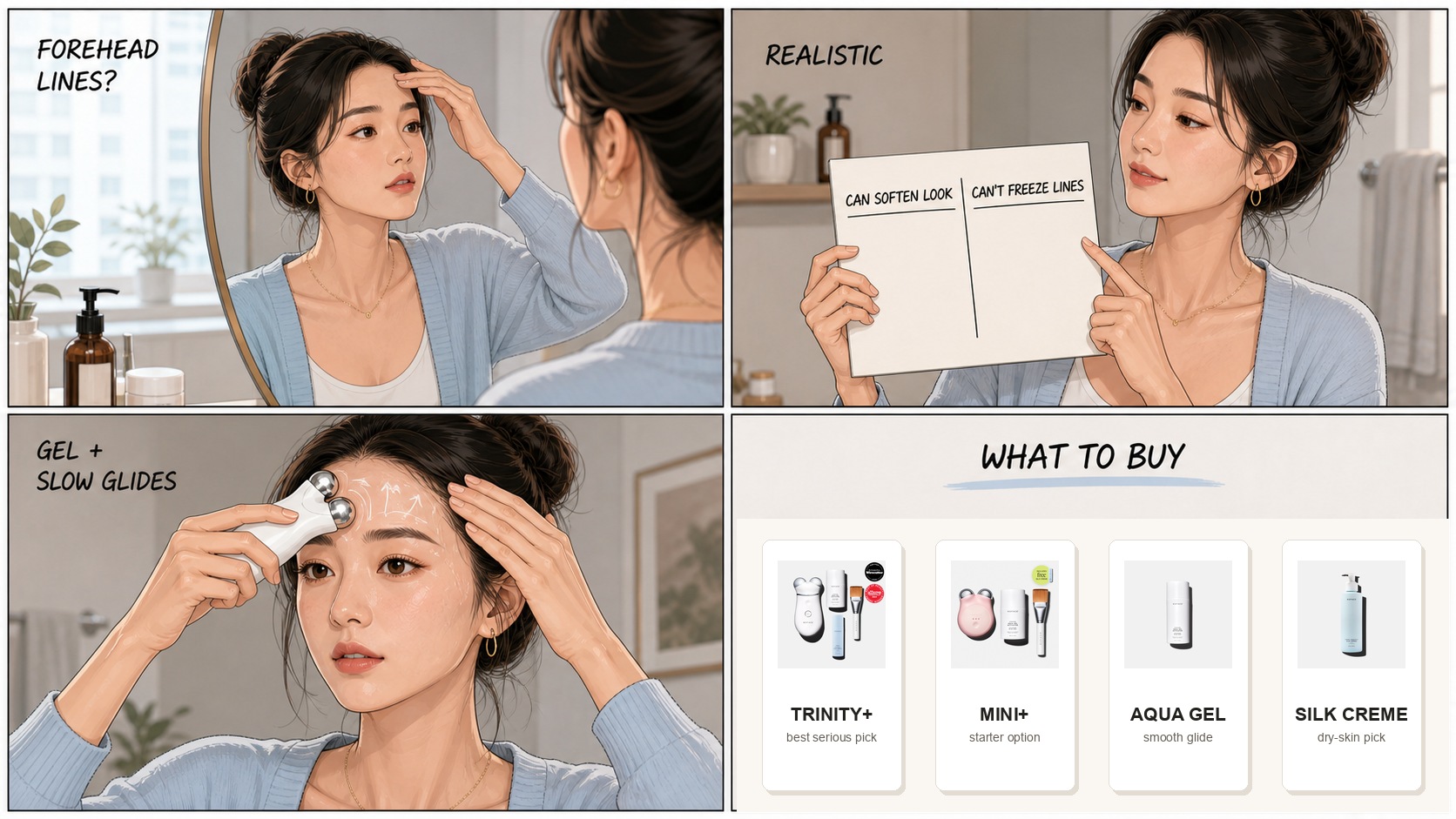 Does NuFACE help forehead wrinkles comic showing Minji checking forehead lines, explaining realistic expectations, using gel and slow forehead glides, and comparing Trinity Plus, MINI Plus, Aqua Gel, and Silk Creme