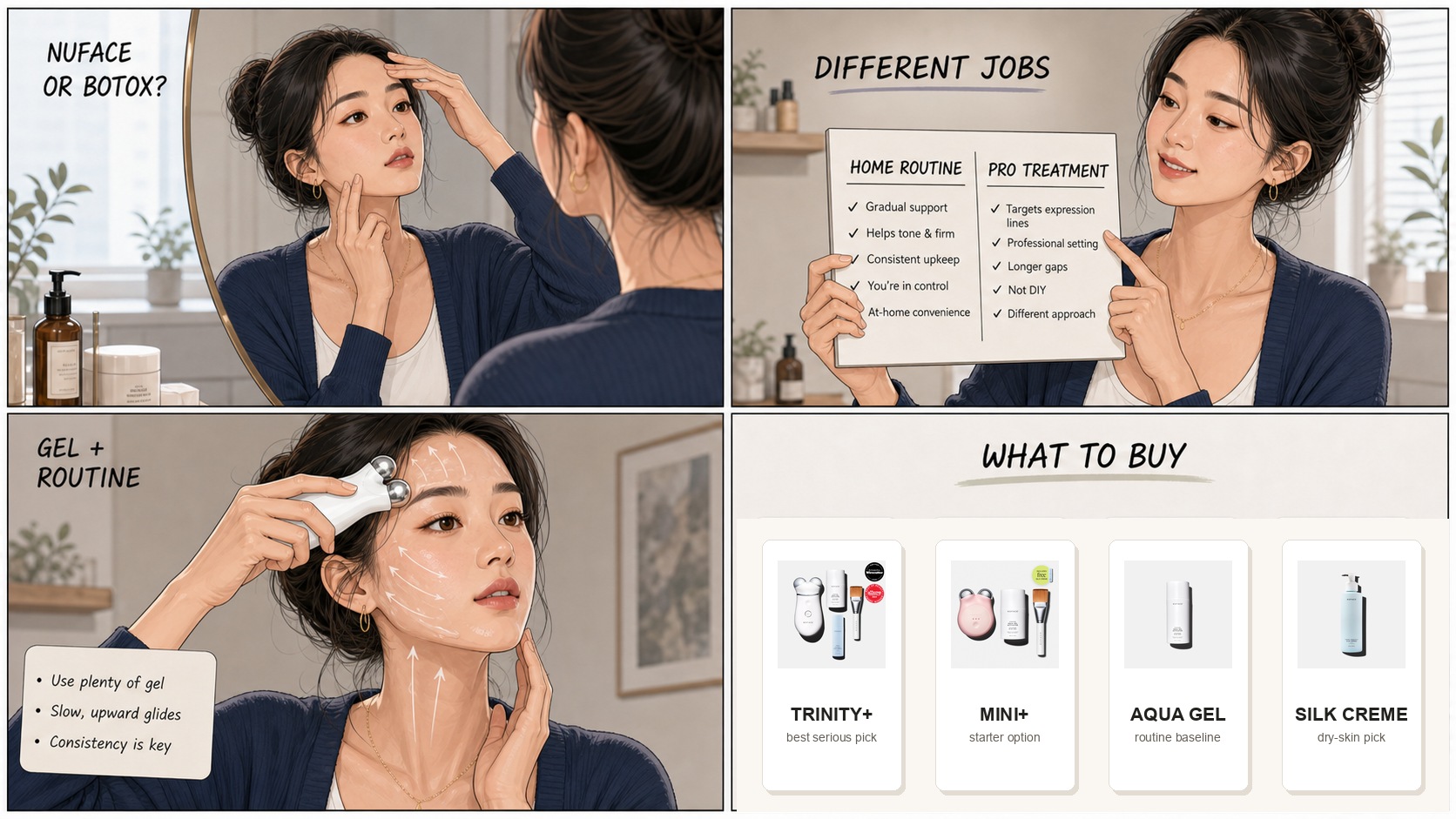 NuFACE vs Botox comic showing Minji comparing home routine and professional treatment, using NuFACE with gel, and comparing Trinity Plus, MINI Plus, Aqua Gel, and Silk Creme