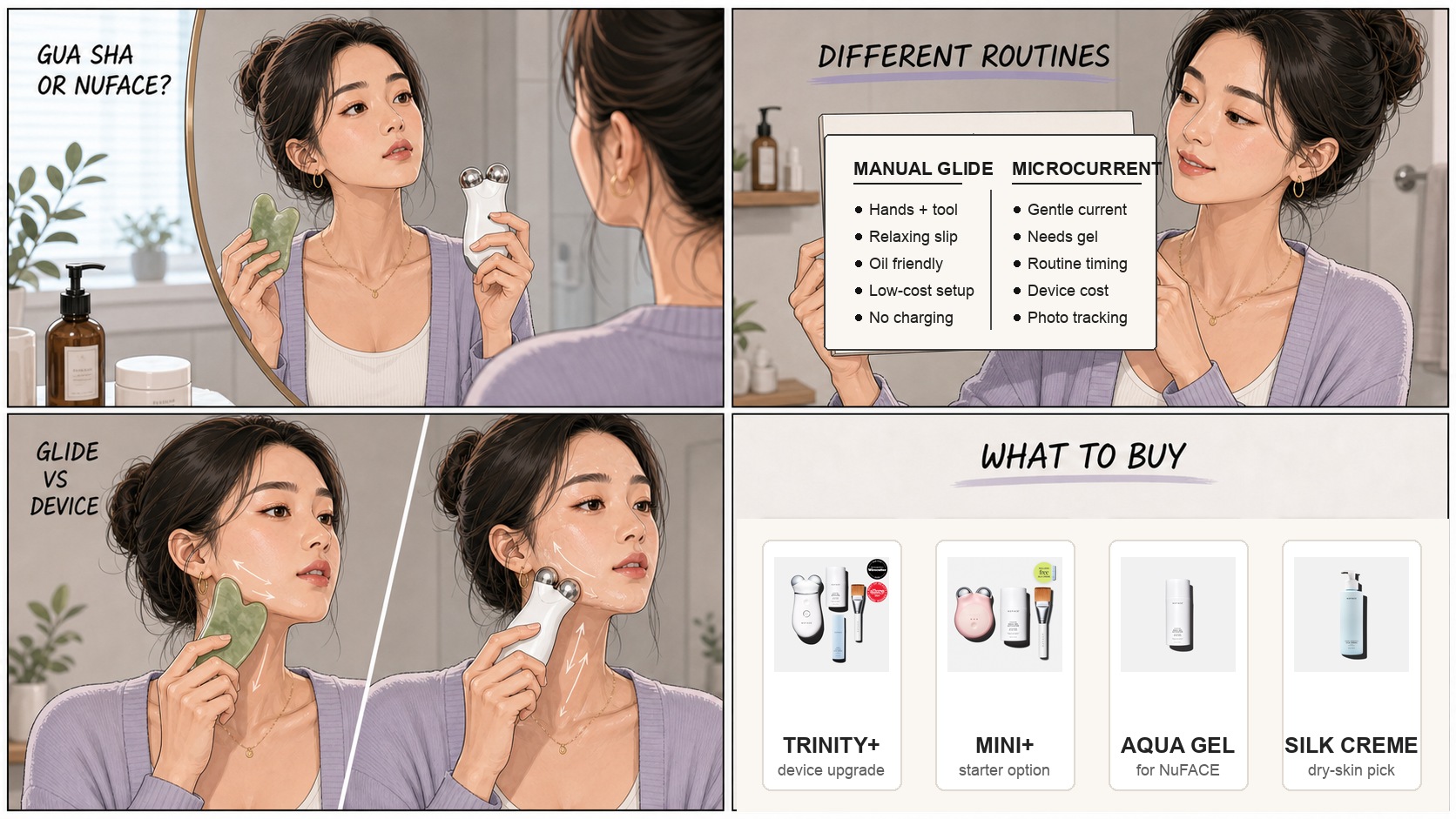 Four panel comic comparing gua sha and NuFACE with Trinity Plus, Mini Plus, Aqua Gel, and Silk Creme product cards