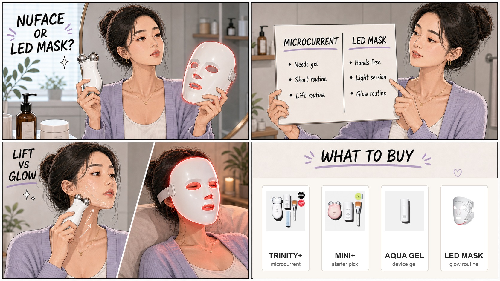 Four panel comic comparing NuFACE and an LED mask with Trinity Plus, Mini Plus, Aqua Gel, and LED mask product cards
