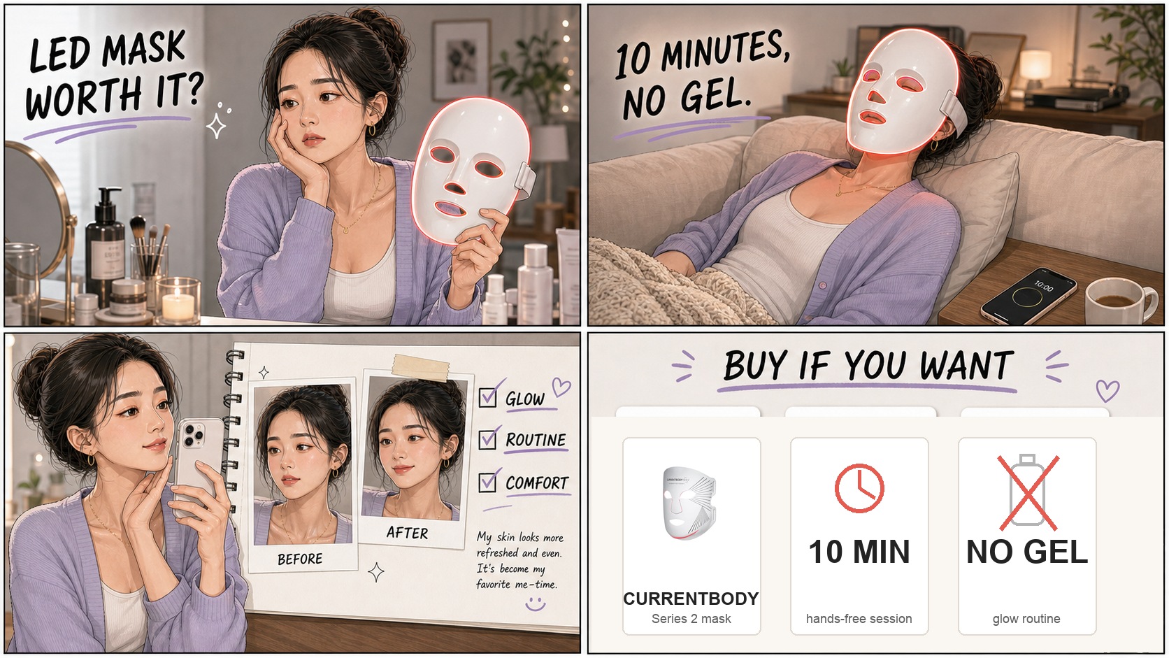 Four panel comic review of the CurrentBody LED mask showing a 10 minute no gel glow routine