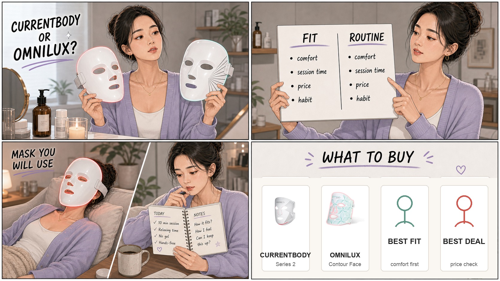 Four panel comic comparing CurrentBody and Omnilux LED masks with product cards and buying advice