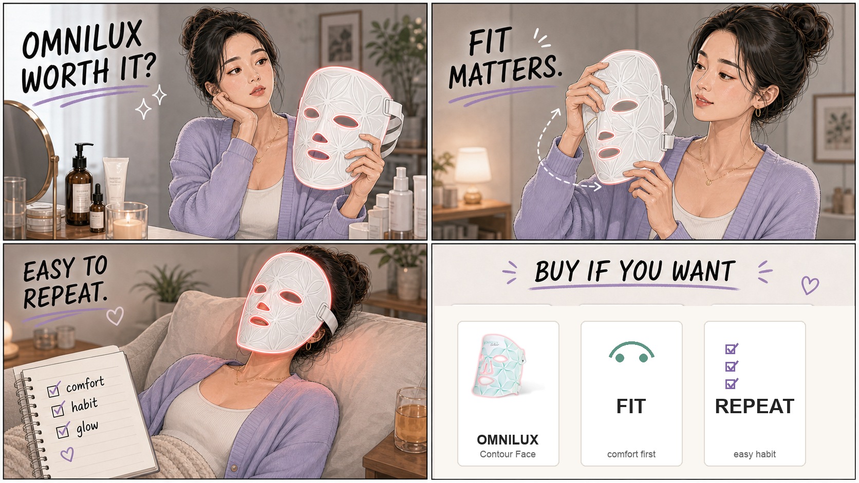 Four panel comic review of Omnilux Contour Face LED mask focused on fit comfort and repeat use