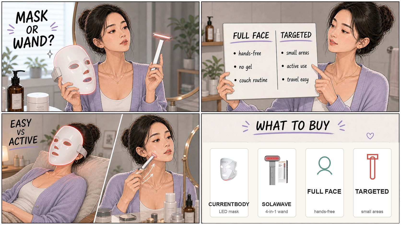 Four panel comic comparing CurrentBody LED mask and SolaWave wand with product cards and buying advice