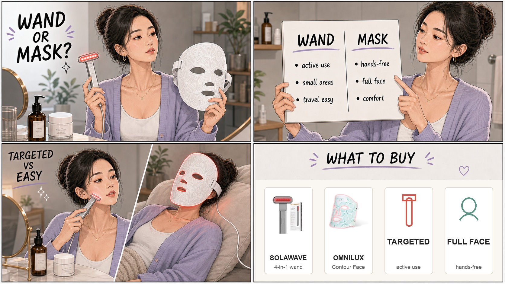 Four panel comic comparing SolaWave wand and Omnilux LED mask with product cards and buying advice