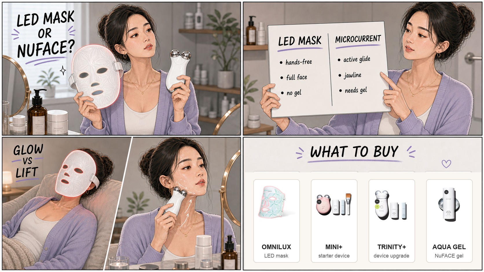 Four panel comic comparing Omnilux LED mask and NuFACE microcurrent device with product cards and buying advice