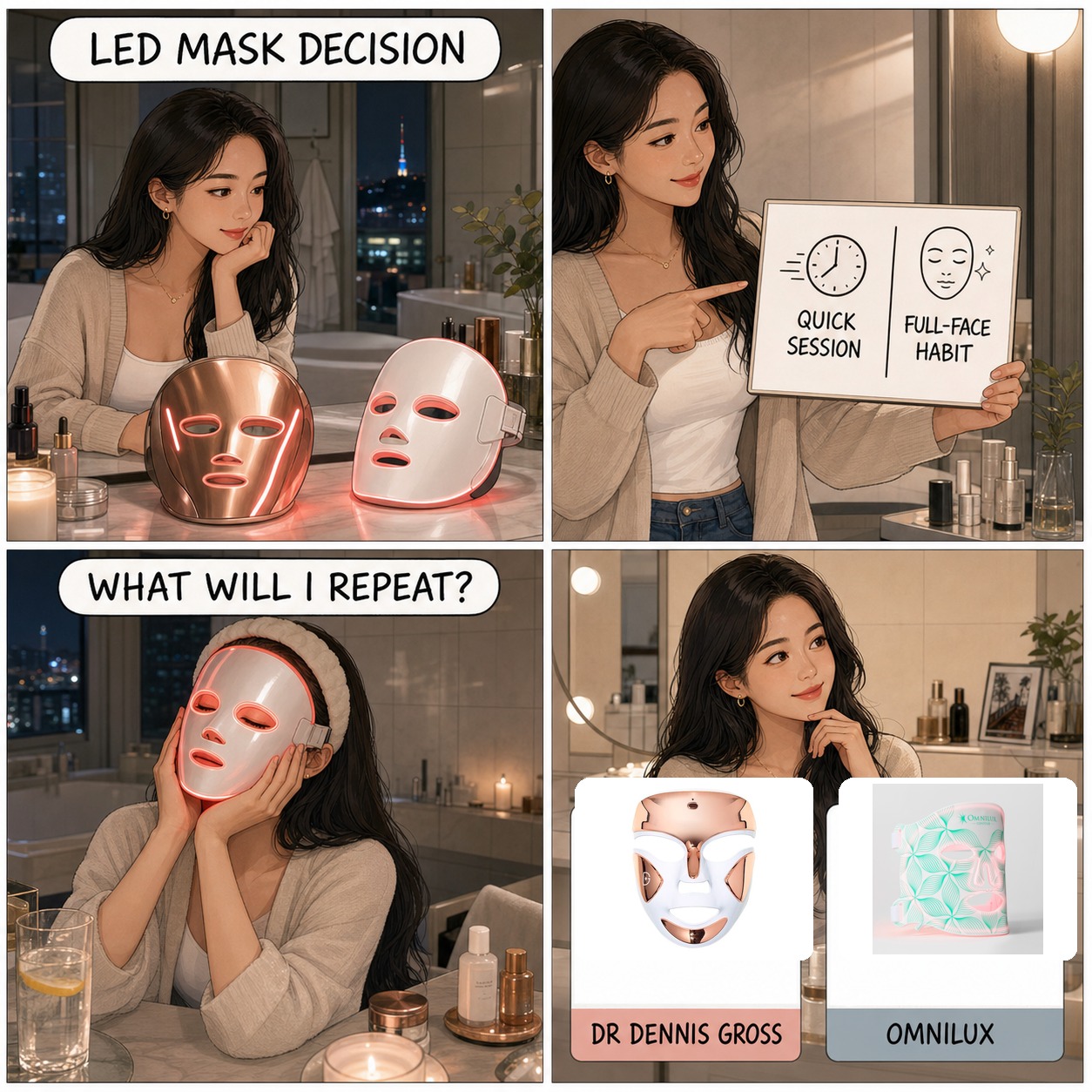 Four panel comic comparing Dr Dennis Gross FaceWare Pro and Omnilux Contour Face LED masks