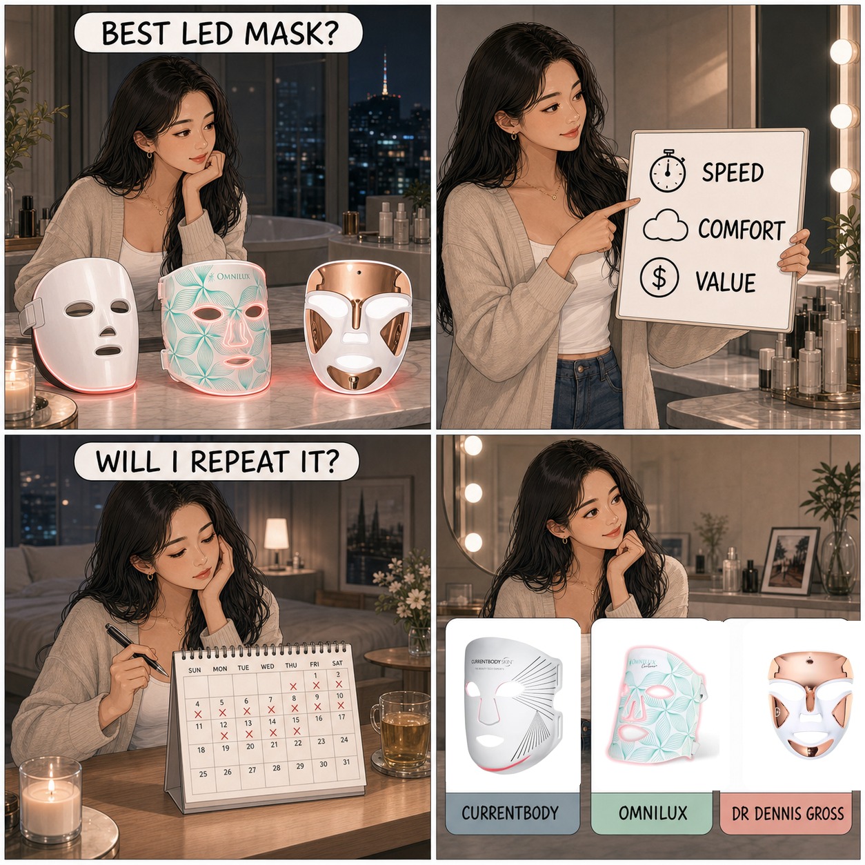 Four panel comic comparing CurrentBody, Omnilux, and Dr Dennis Gross LED face masks