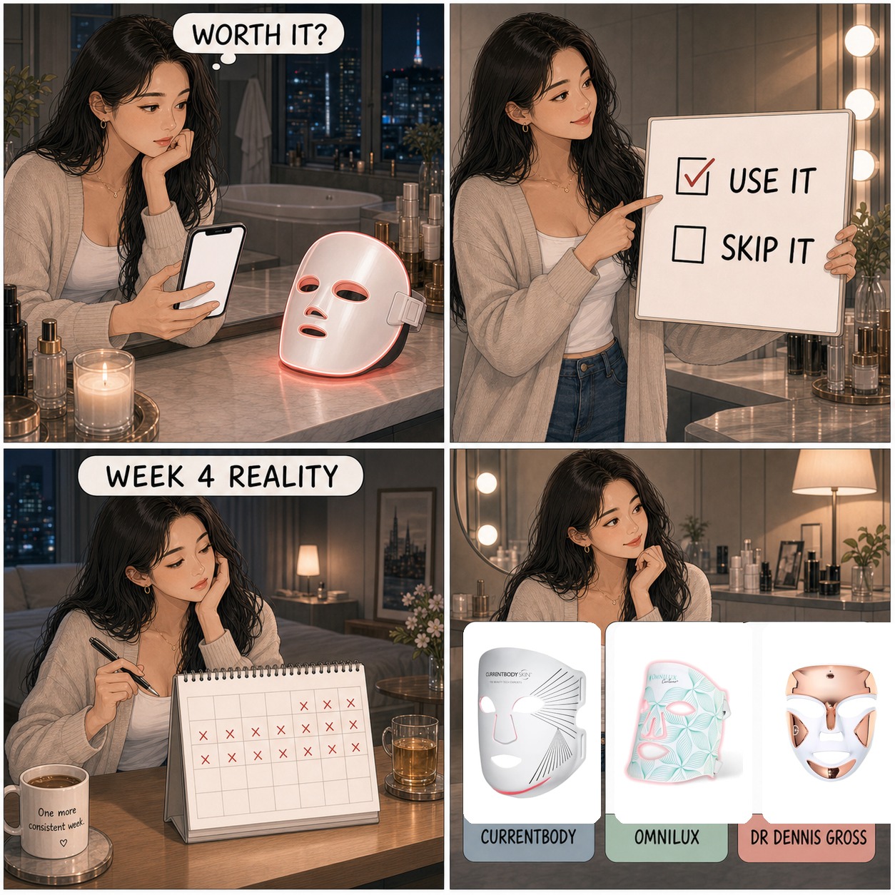 Four panel comic about deciding if LED face masks are worth it with CurrentBody Omnilux and Dr Dennis Gross product cards