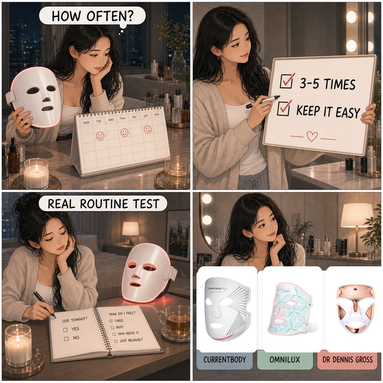 Four panel comic about how often to use an LED face mask with CurrentBody Omnilux and Dr Dennis Gross product cards