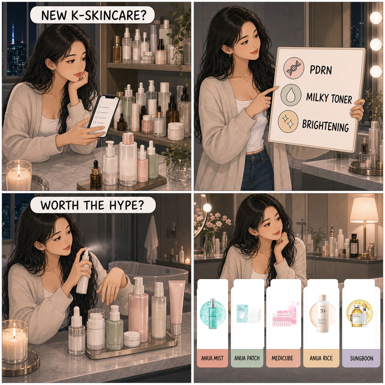 Four panel comic about new viral Korean skincare on Amazon with Anua Medicube and Sungboon product cards