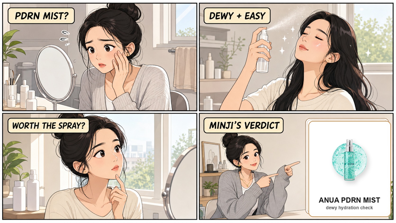 Four panel comic review of Anua PDRN Collagen Glow Serum Spray with a real product image