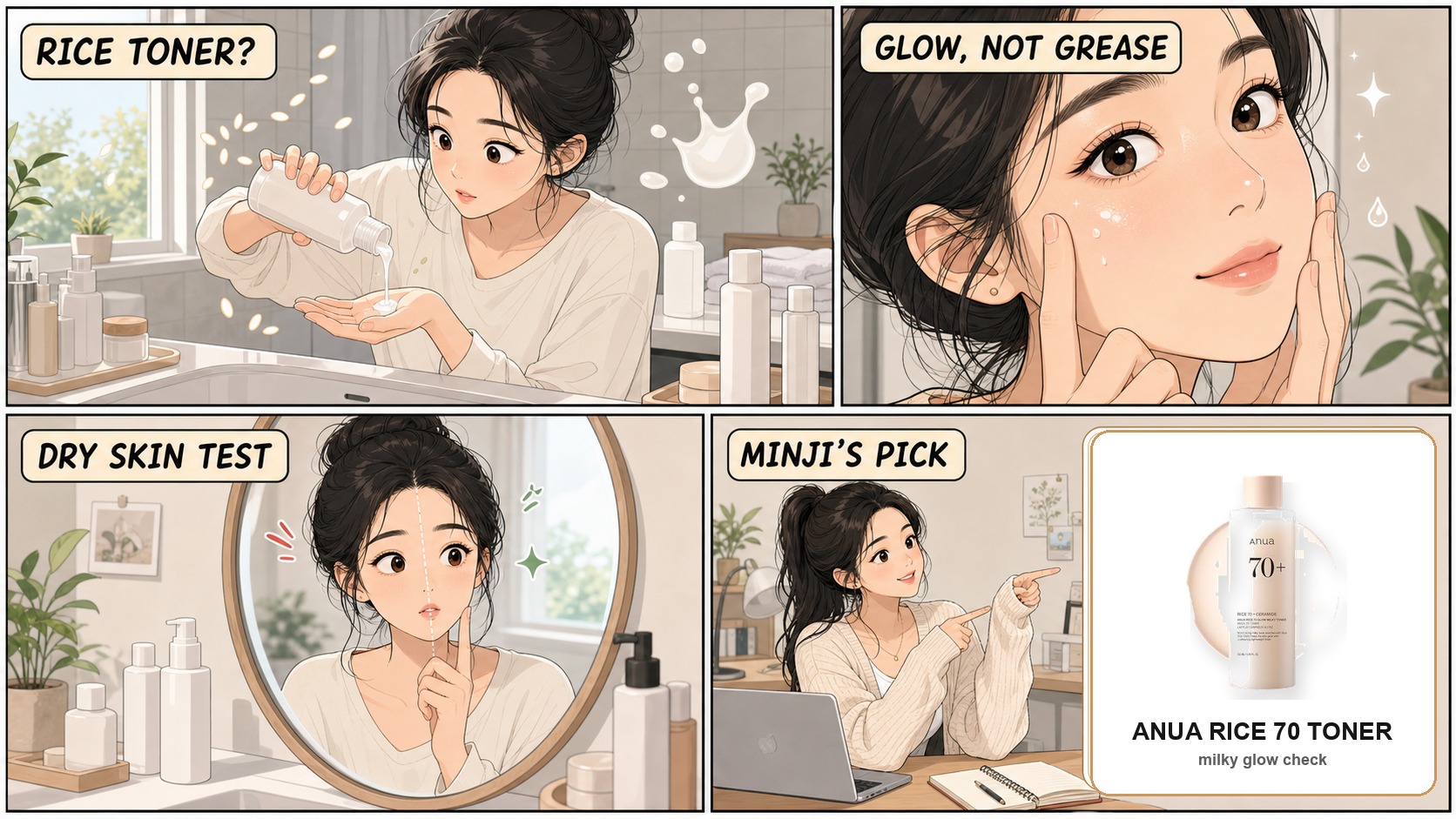 Webtoon comic review of Anua Rice 70 Glow Milky Toner with real product image