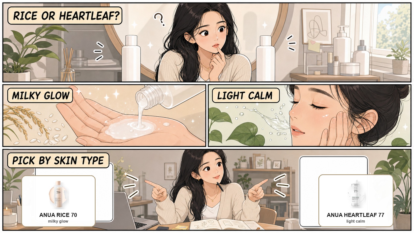 Webtoon comparison of Anua Rice Toner vs Anua Heartleaf Toner with real product images