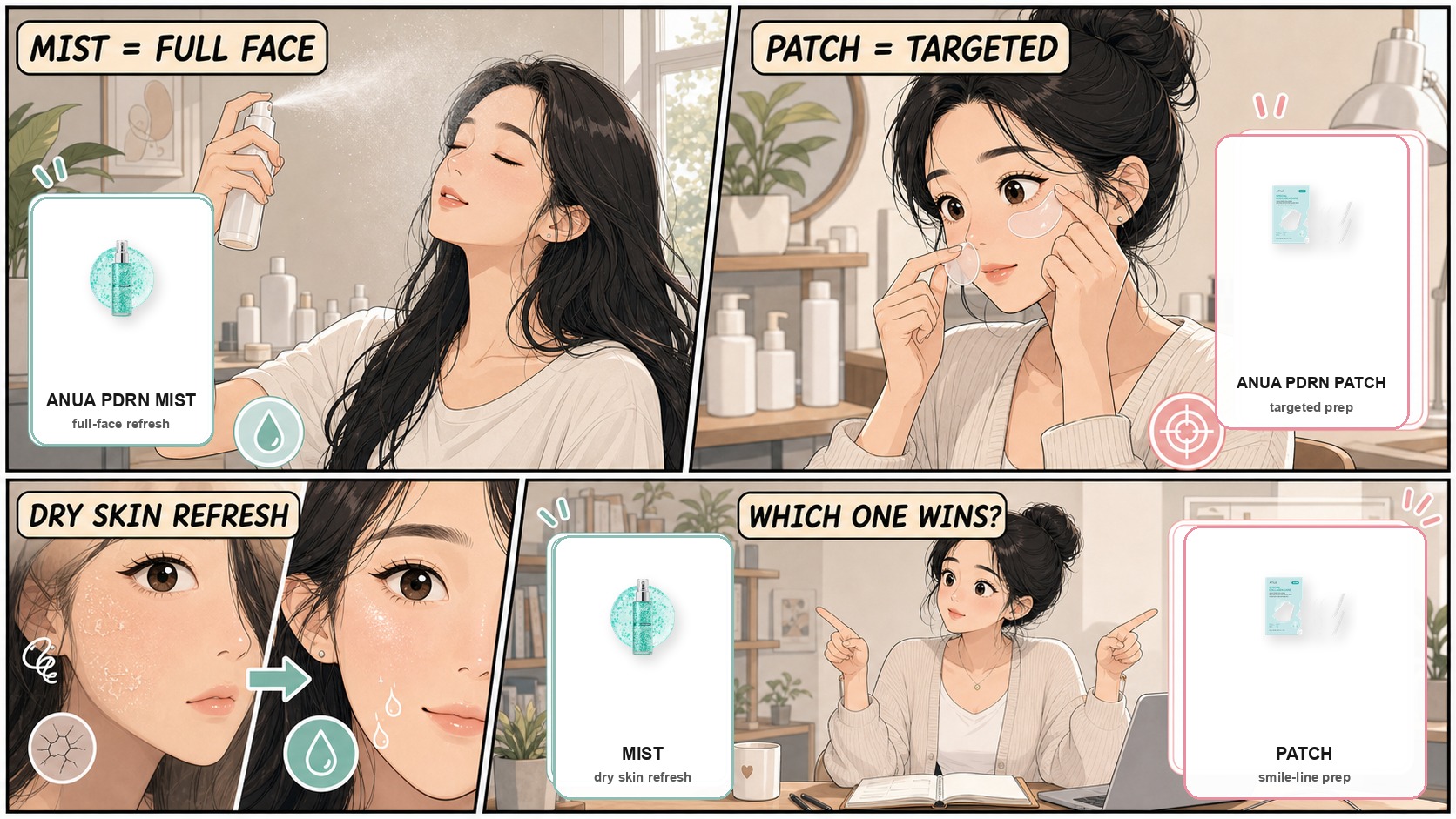 Webtoon comparison of Anua PDRN Mist vs PDRN Patch with real product images