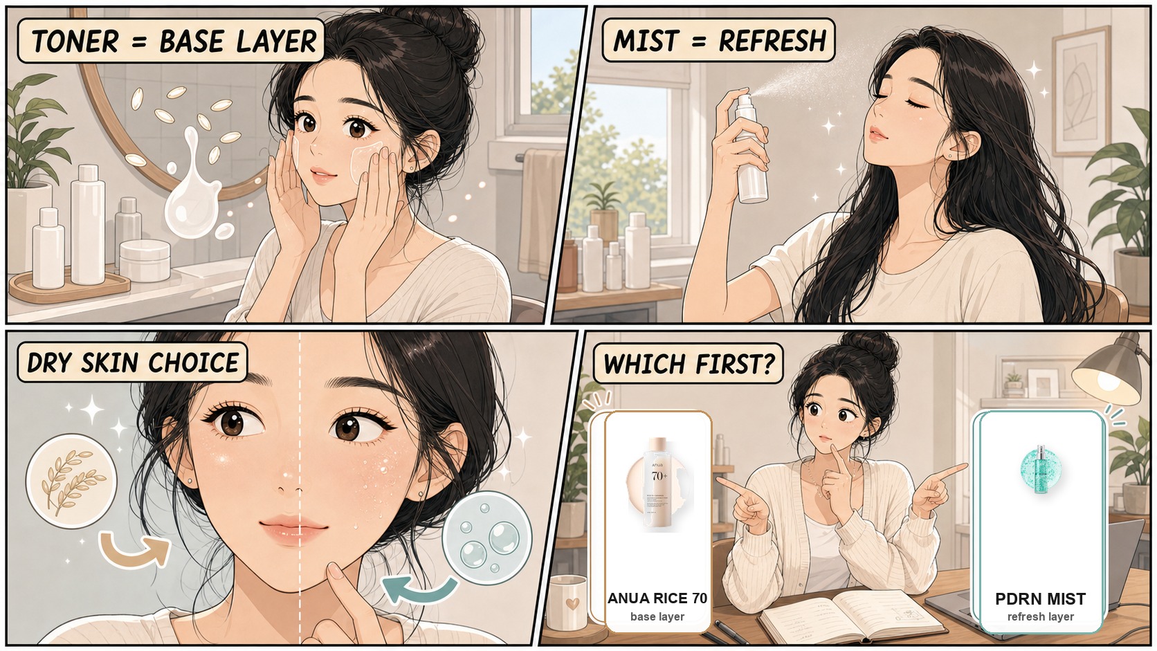 Webtoon comparison of Anua Rice Toner vs Anua PDRN Mist with real product images