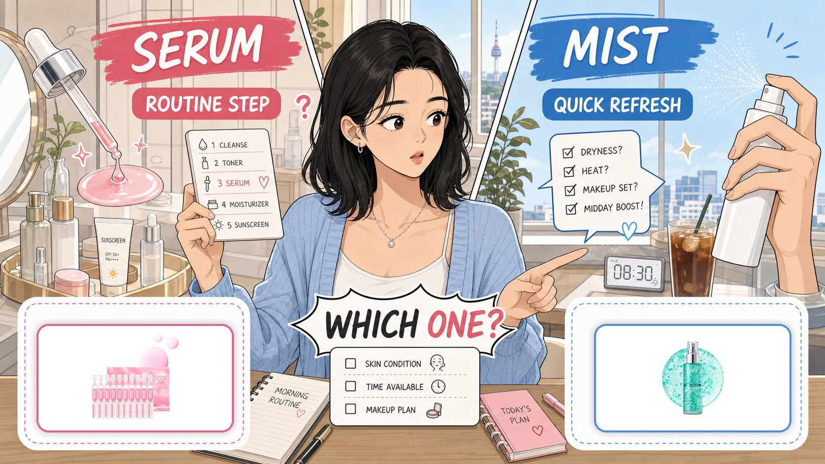 Webtoon comparison of medicube PDRN Serum vs Anua PDRN Mist with real product images