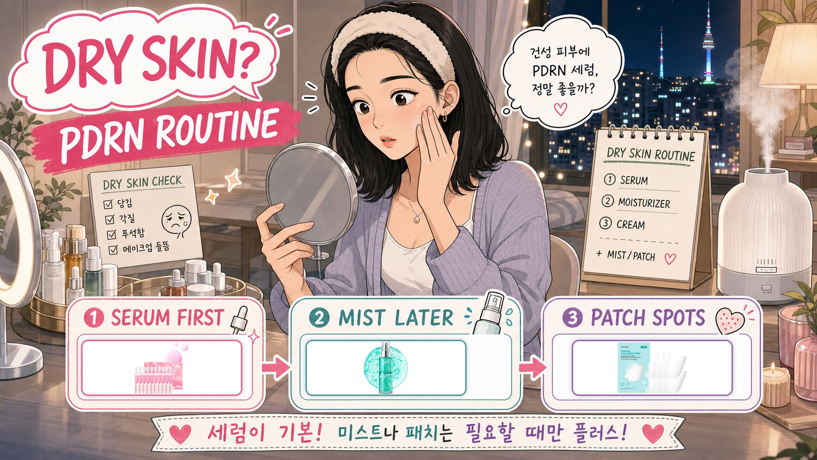 Webtoon PDRN routine for dry skin with serum mist and patch product images