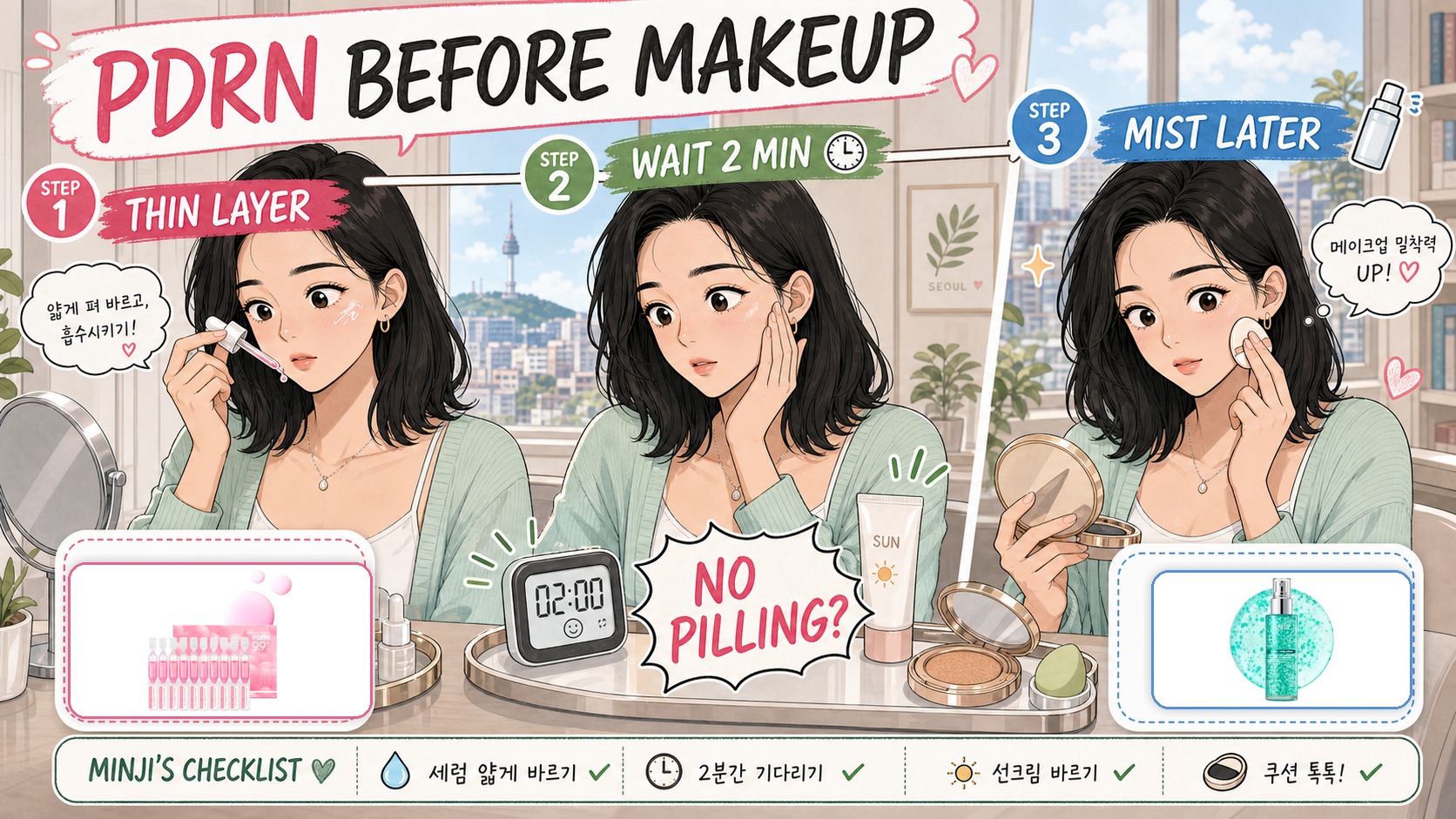 Webtoon guide to using PDRN serum before makeup without pilling with real product images