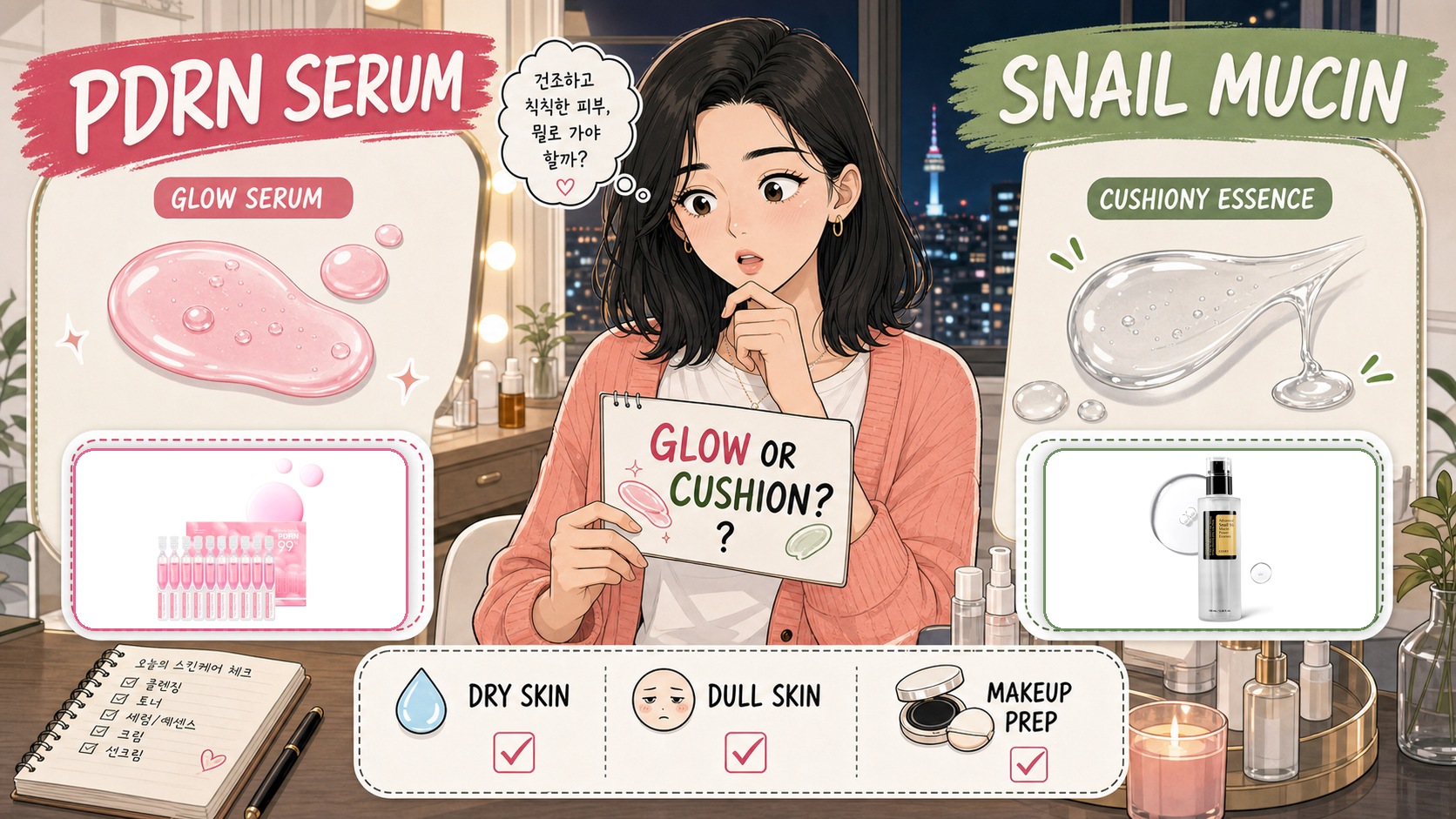 Webtoon comparison of PDRN serum vs snail mucin with real medicube and COSRX product images