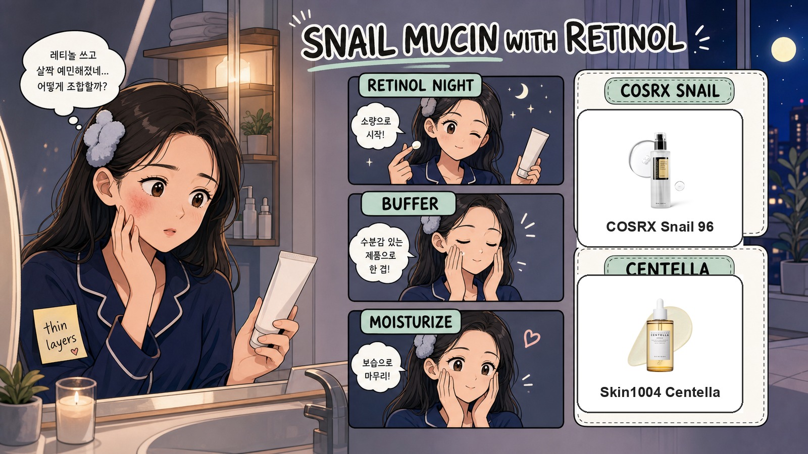 Webtoon guide to using snail mucin with retinol with real COSRX and Skin1004 product images