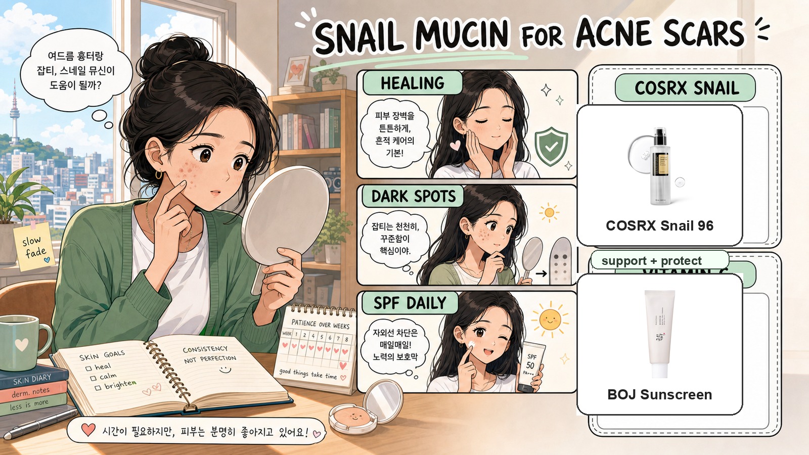 Webtoon guide to snail mucin for acne scars and dark spots with real COSRX and Beauty of Joseon product images