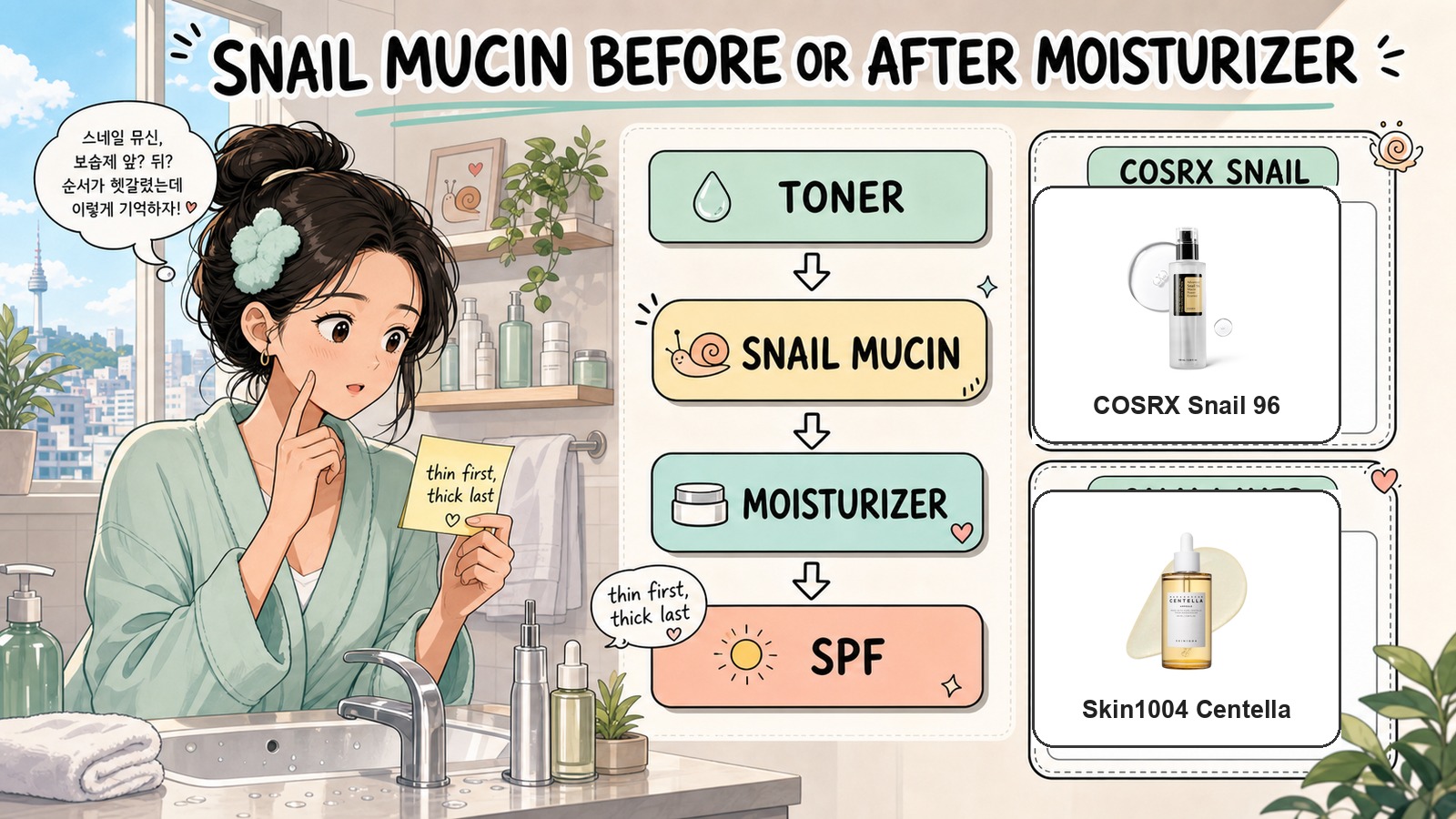 Webtoon guide to using snail mucin before or after moisturizer with real COSRX and Skin1004 product images