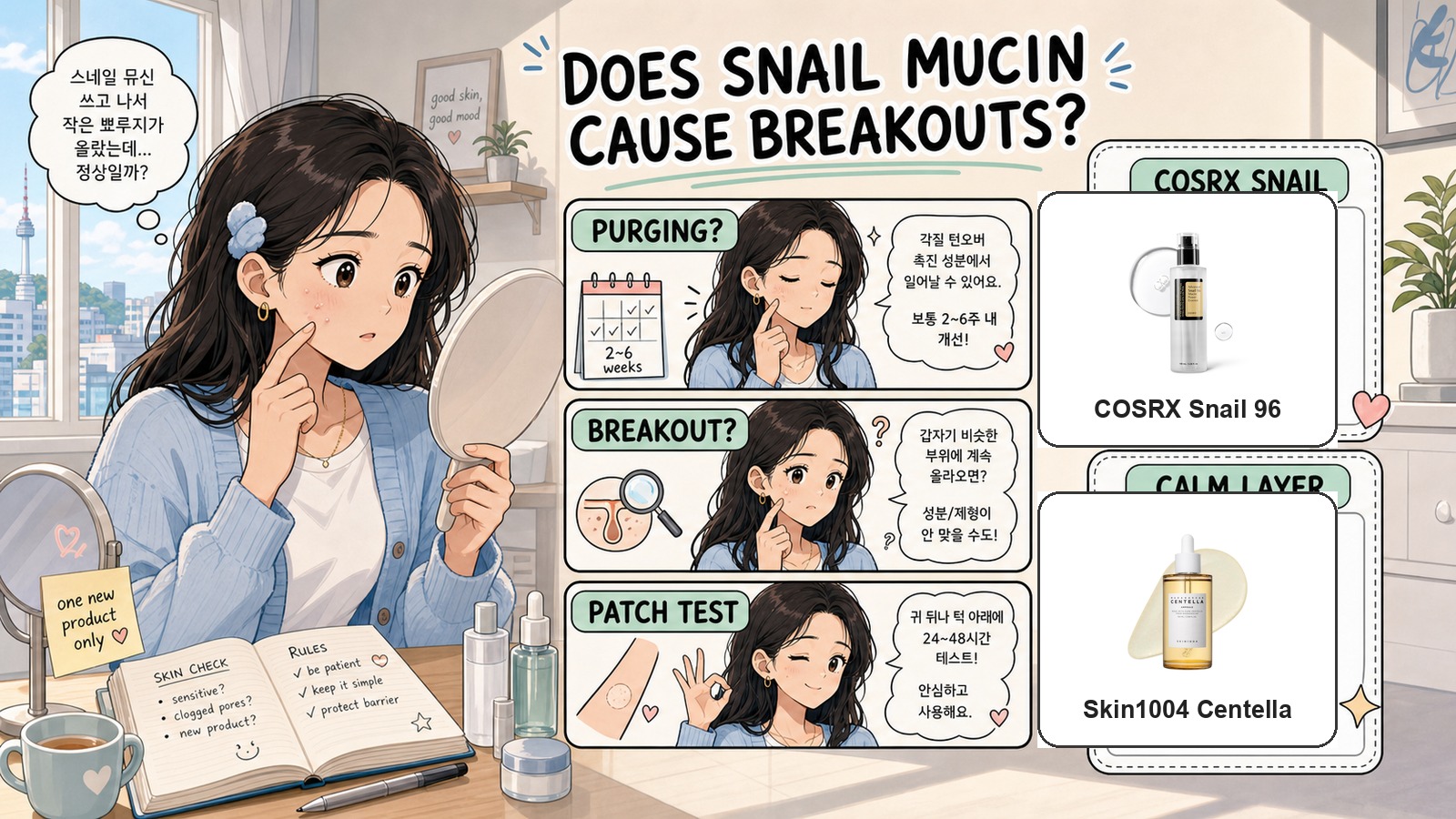 Webtoon guide to whether snail mucin causes breakouts or purging with real COSRX and Skin1004 product images