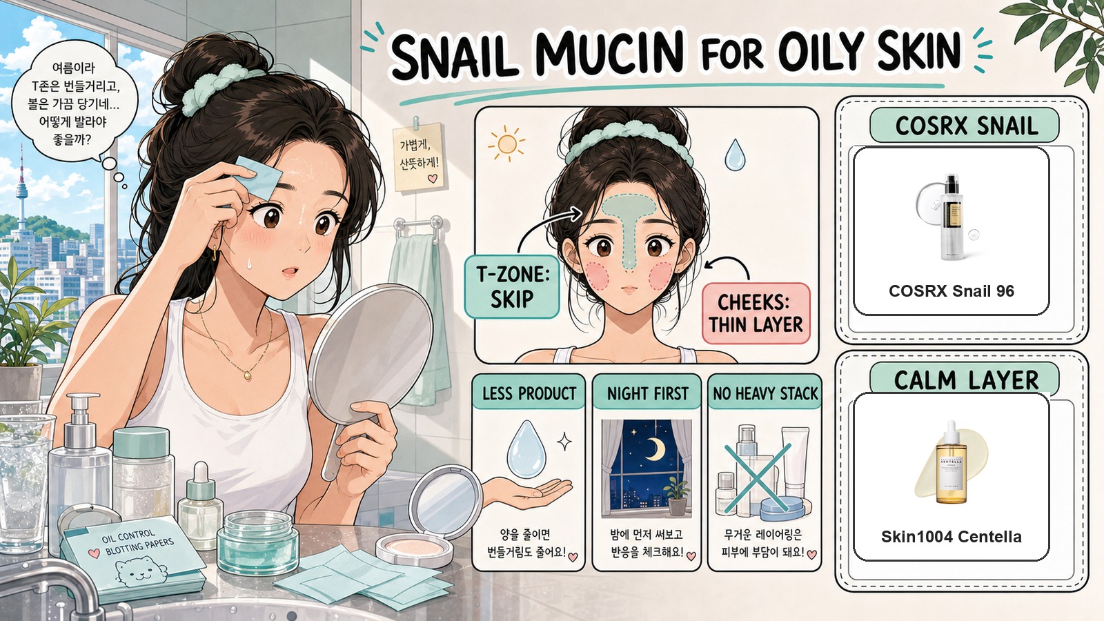 Webtoon guide to using snail mucin for oily skin with real COSRX and Skin1004 product images